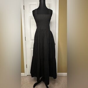 Quince Black Smocked Tiered Maxi Sundress - 100% Organic Cotton Gauze